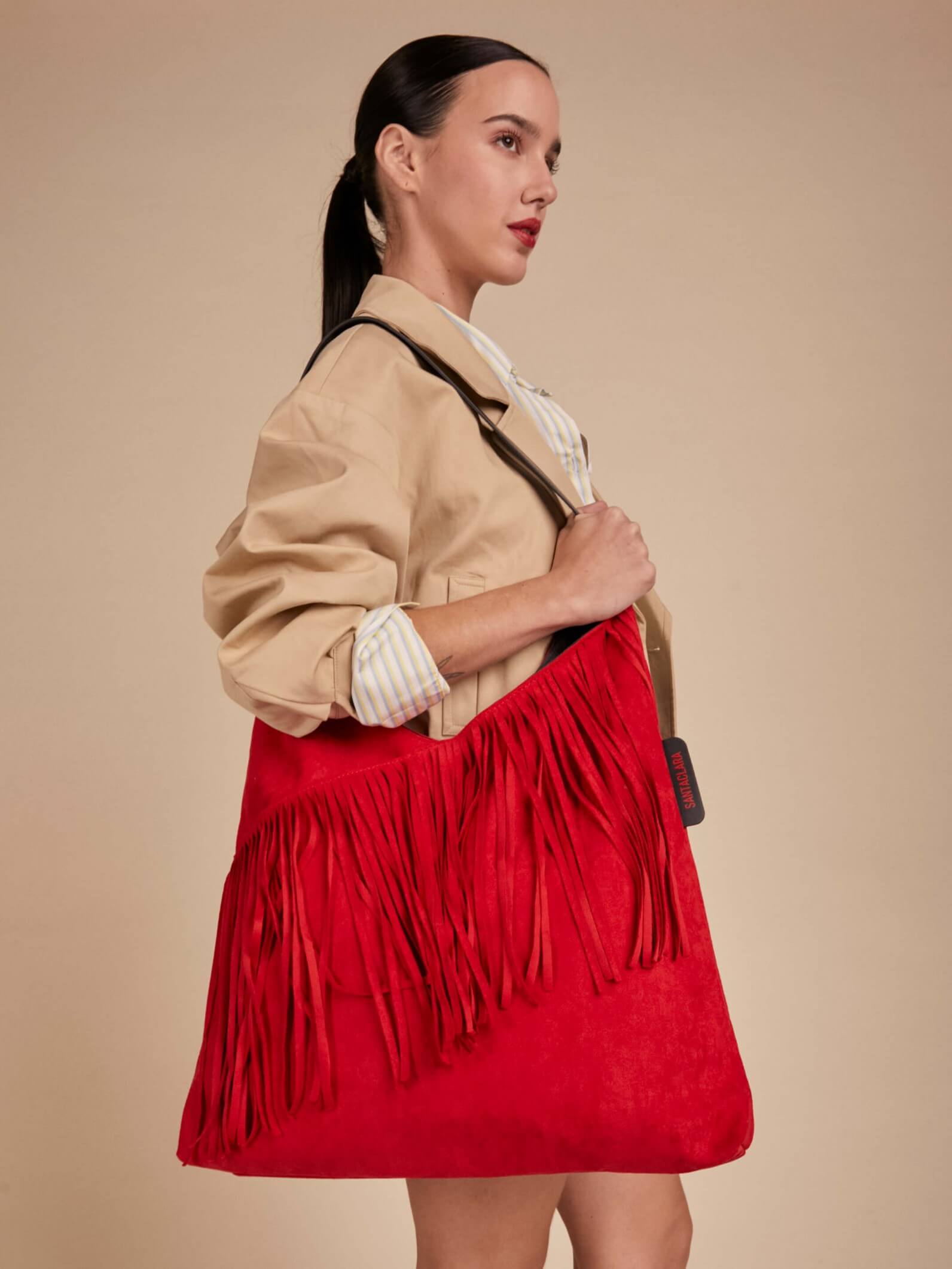Shopping Bag Helena Con Flecos Rojo Oscuro